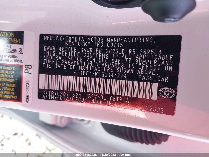 2016 TOYOTA CAMRY LE/XLE/SE/XSE - 4T1BF1FK1GU144774