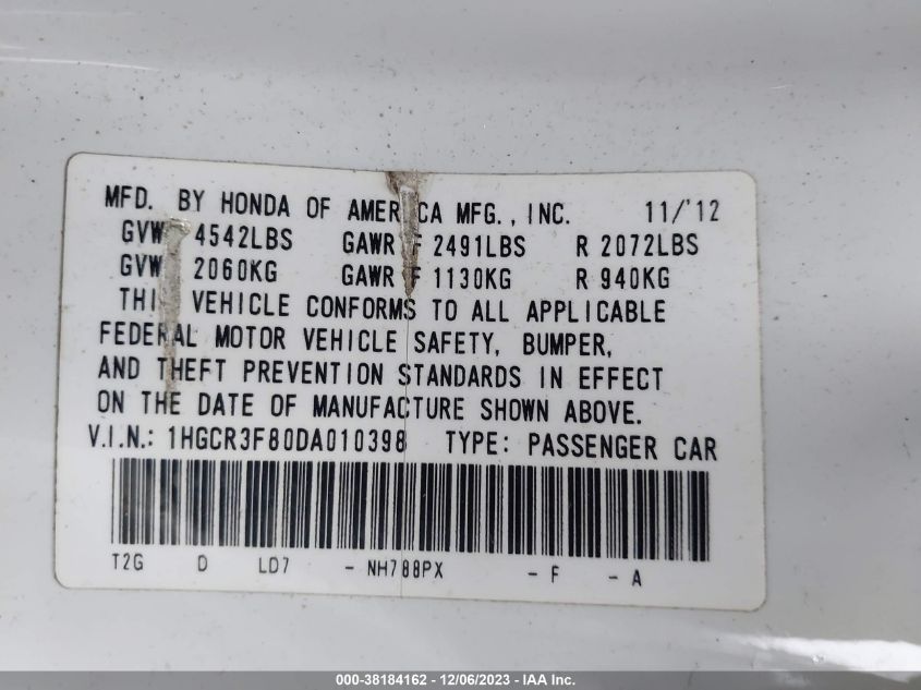 2013 HONDA ACCORD EXL - 1HGCR3F80DA010398