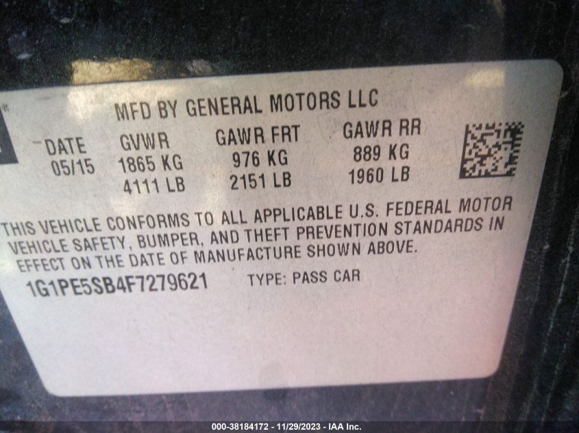 2015 CHEVROLET CRUZE LT - 1G1PE5SB4F7279621