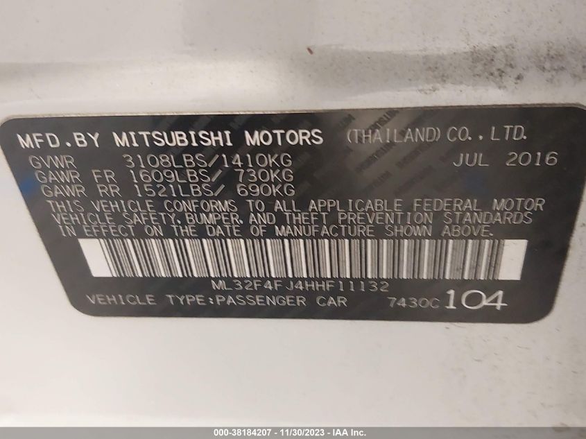 2017 MITSUBISHI MIRAGE G4 SE - ML32F4FJ4HHF11132