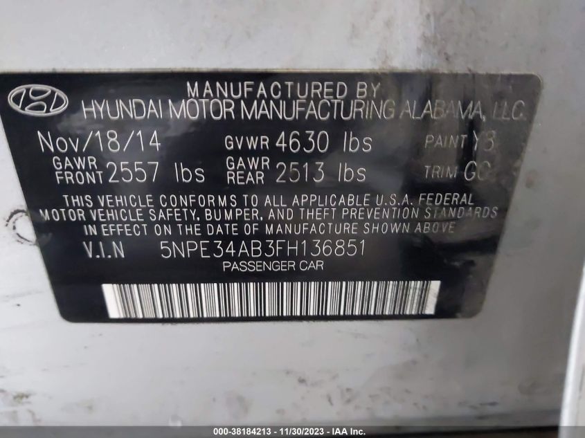 2015 HYUNDAI SONATA LIMITED 2.0T - 5NPE34AB3FH136851