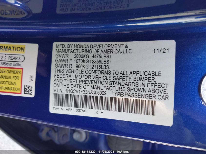 2022 HONDA ACCORD SPORT - 1HGCV1F33NA005069