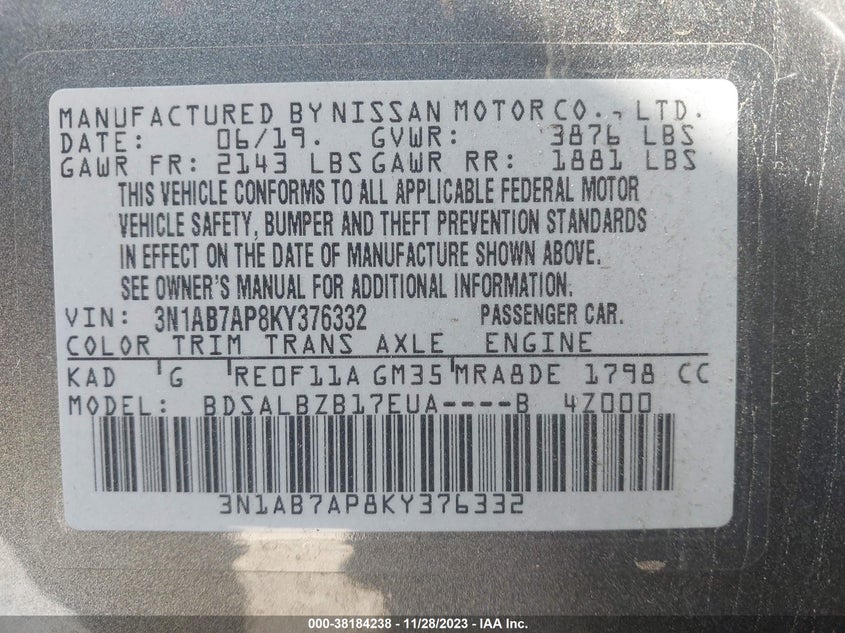 VIN 3N1AB7AP8KY376332 2019 NISSAN SENTRA S
