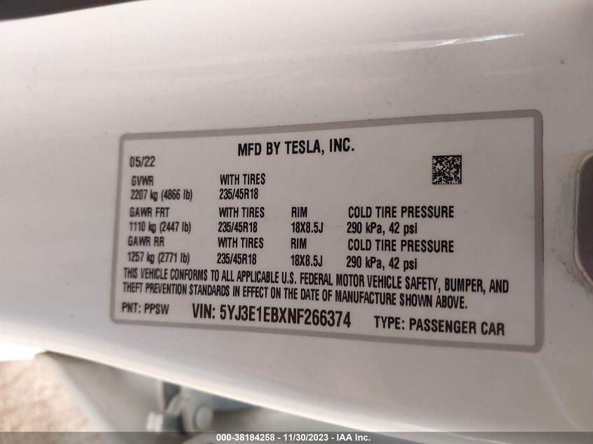 2022 TESLA MODEL 3 LONG RANGE DUAL MOTOR - 5YJ3E1EBXNF266374