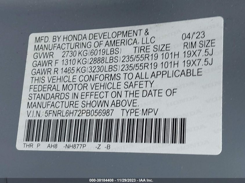 5FNRL6H72PB056987 2023 HONDA ODYSSEY, photo no. 9