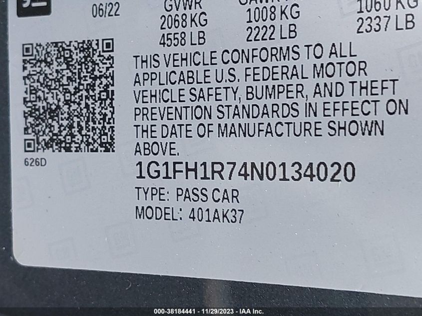 2022 CHEVROLET CAMARO RWD  2SS - 1G1FH1R74N0134020