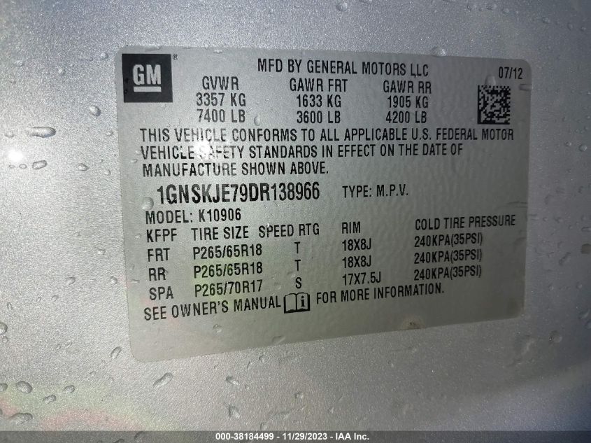 2013 CHEVROLET SUBURBAN 1500 LT 1GNSKJE79DR138966