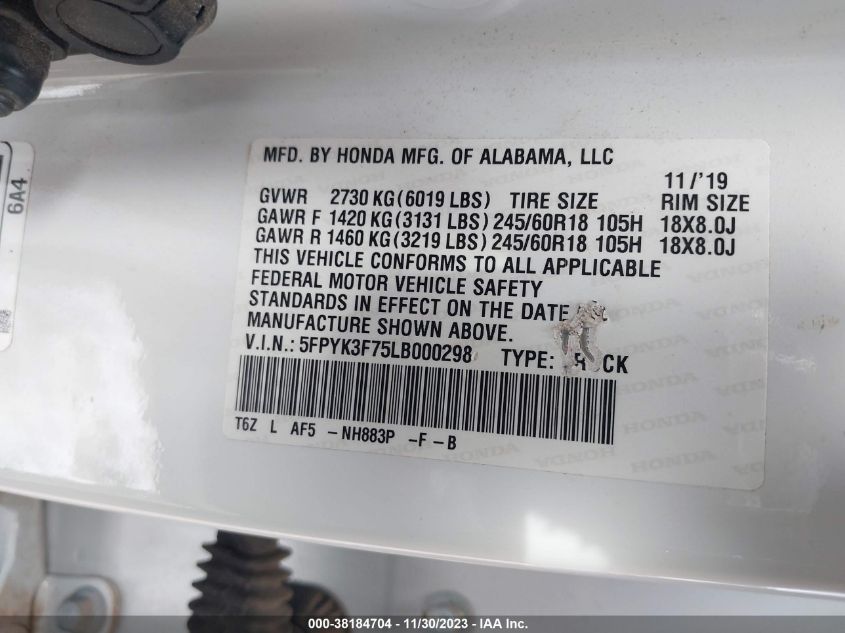 2020 HONDA RIDGELINE RTL-E - 5FPYK3F75LB000298