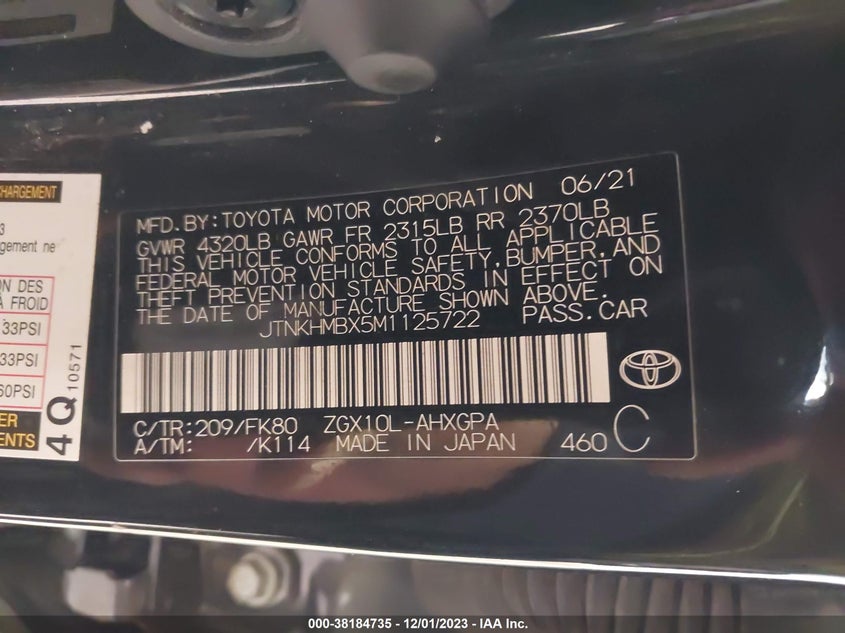 VIN JTNKHMBX5M1125722 2021 TOYOTA C-HR XLE/LE/NIGHT SHADE/LIMITE