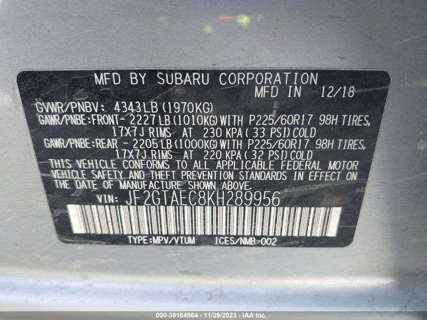 2019 SUBARU CROSSTREK PREMIUM - JF2GTAEC8KH289956