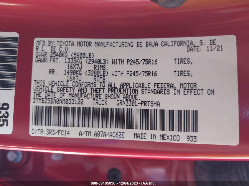2022 TOYOTA TACOMA SR5 V6 - 3TMBZ5DN0NM033120