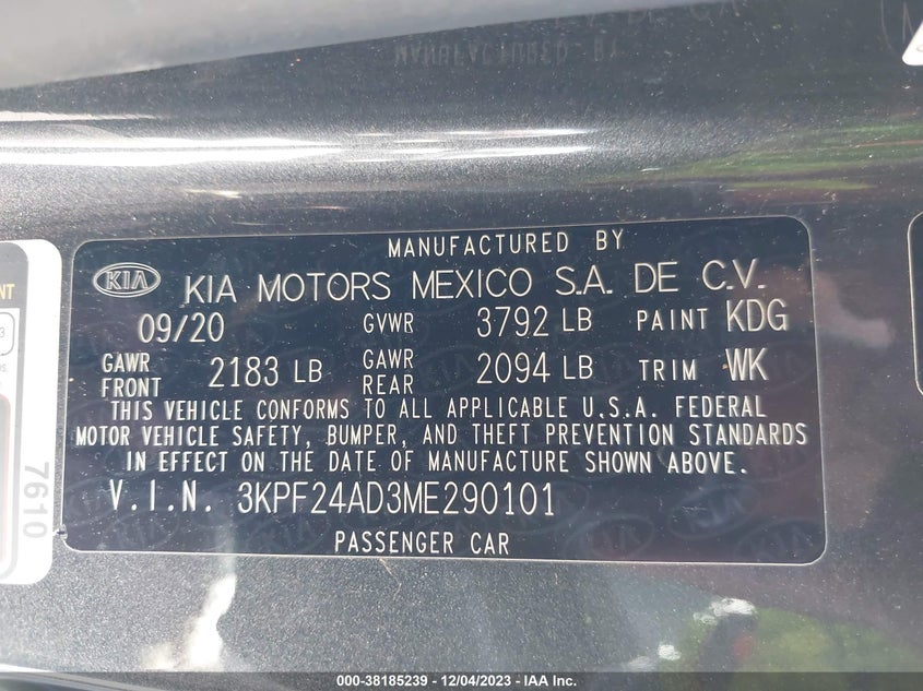 VIN 3KPF24AD3ME290101 2021 KIA FORTE FE/LXS