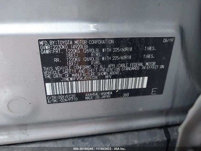 2019 TOYOTA RAV4 HYBRID XSE JTMEWRFV5KJ019328
