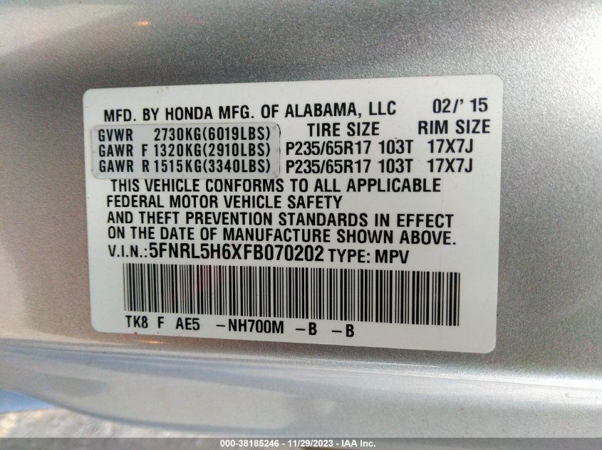 5FNRL5H6XFB070202 2015 HONDA ODYSSEY, photo no. 9