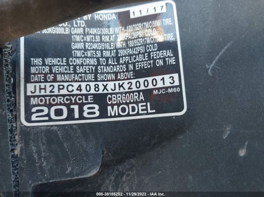 2018 HONDA CBR600 RA - JH2PC408XJK200013