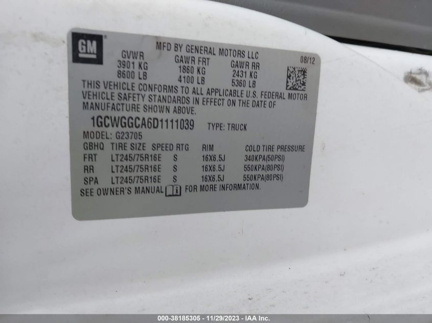 2013 CHEVROLET EXPRESS 2500 WORK VAN 1GCWGGCA6D1111039