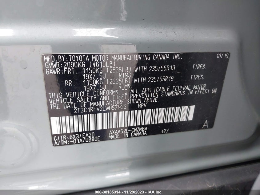 VIN 2T3C1RFV2LW057933 2020 TOYOTA RAV4 XLE PREMIUM