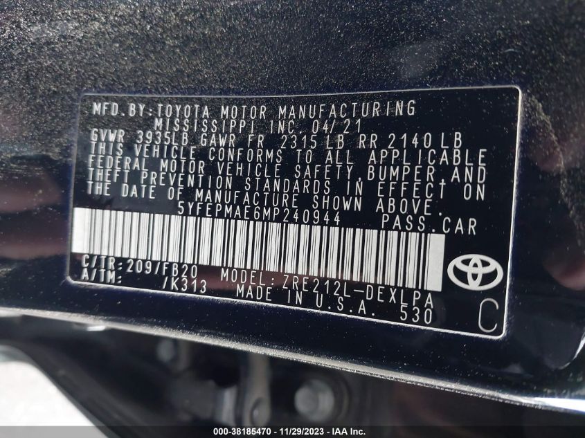 2021 TOYOTA COROLLA LE - 5YFEPMAE6MP240944