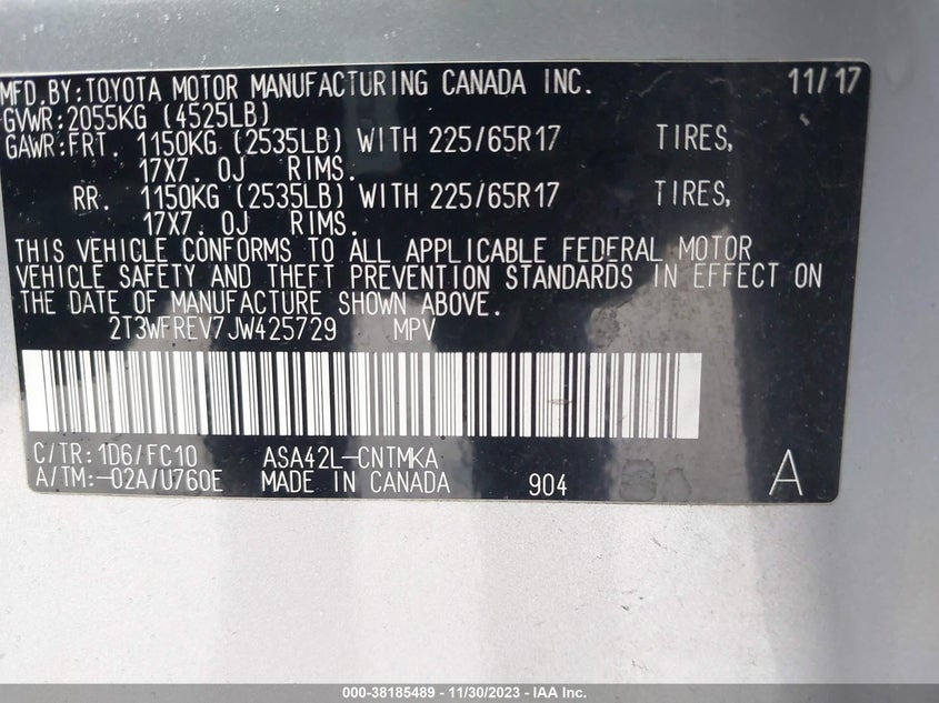 VIN 2T3WFREV7JW425729 2018 TOYOTA RAV4 ADVENTURE/XLE