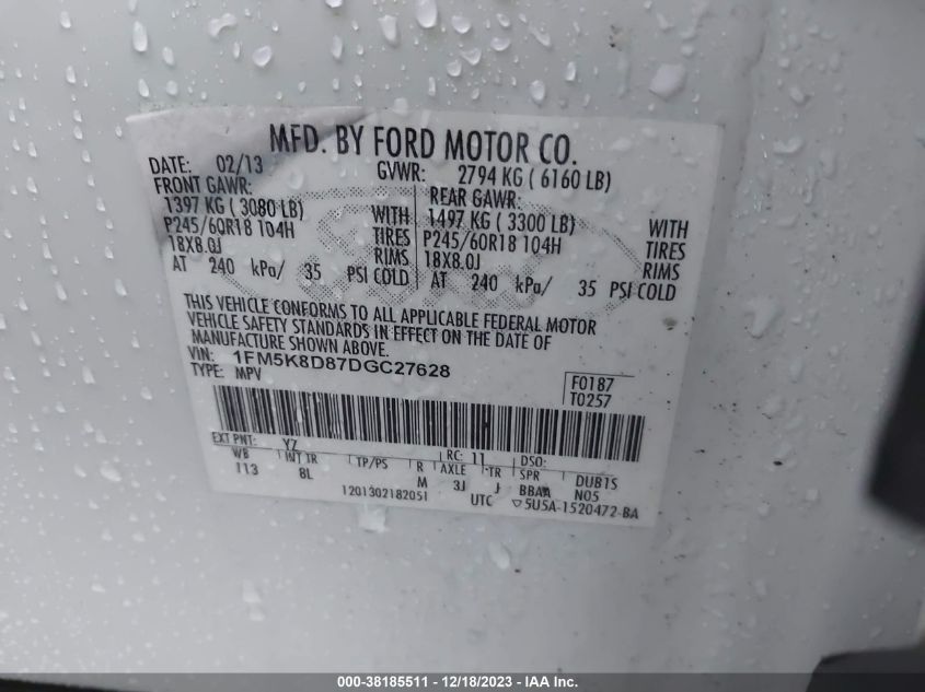 2013 FORD EXPLORER XLT - 1FM5K8D87DGC27628