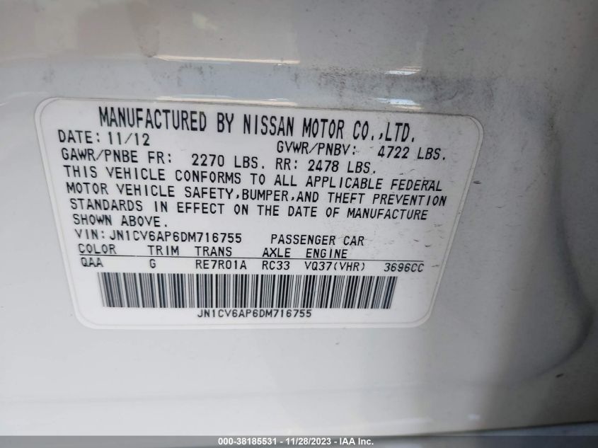 2013 INFINITI G37 JOURNEY JN1CV6AP6DM716755