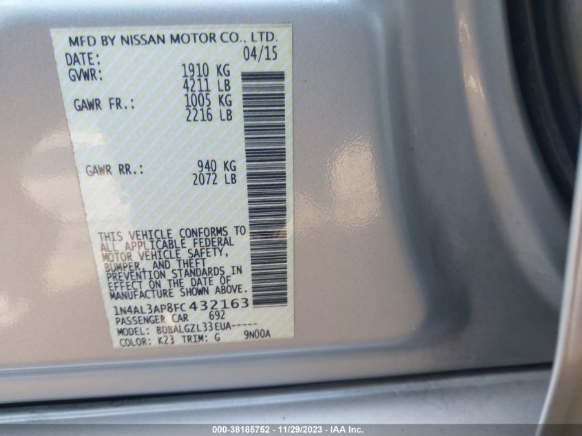 2015 NISSAN ALTIMA 2.5/2.5 S/2.5 SL/2.5 SV - 1N4AL3AP8FC432163