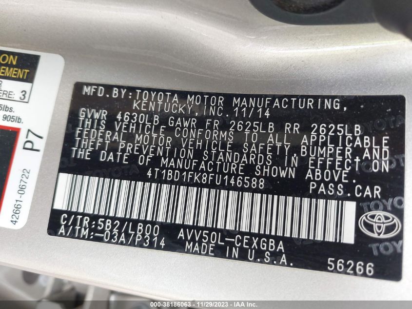 2015 TOYOTA CAMRY HYBRID XLE - 4T1BD1FK8FU146588