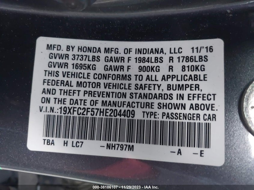VIN 19XFC2F57HE204409 2017 HONDA CIVIC LX