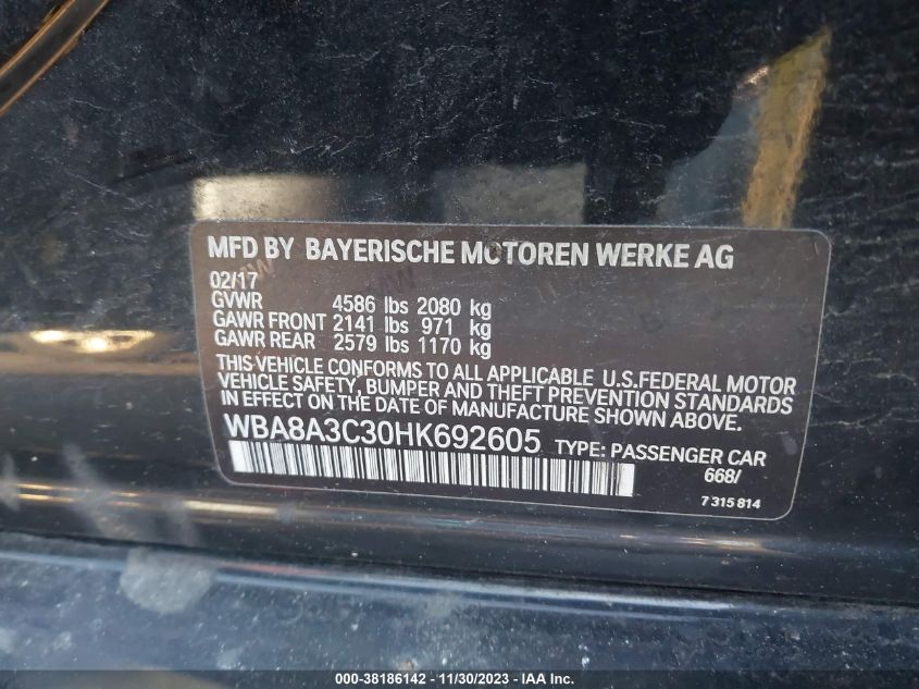 2017 BMW 320I XDRIVE - WBA8A3C30HK692605