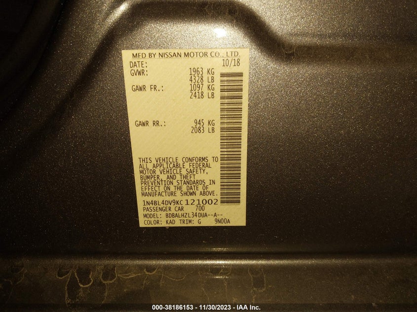 VIN 1N4BL4DV9KC121002 2019 NISSAN ALTIMA SV