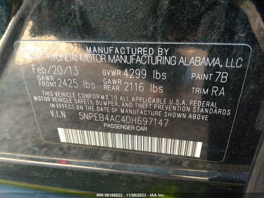 2013 HYUNDAI SONATA GLS - 5NPEB4AC4DH697147