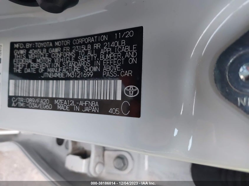 VIN JTNB4MBE7M3121699 2021 TOYOTA COROLLA SE