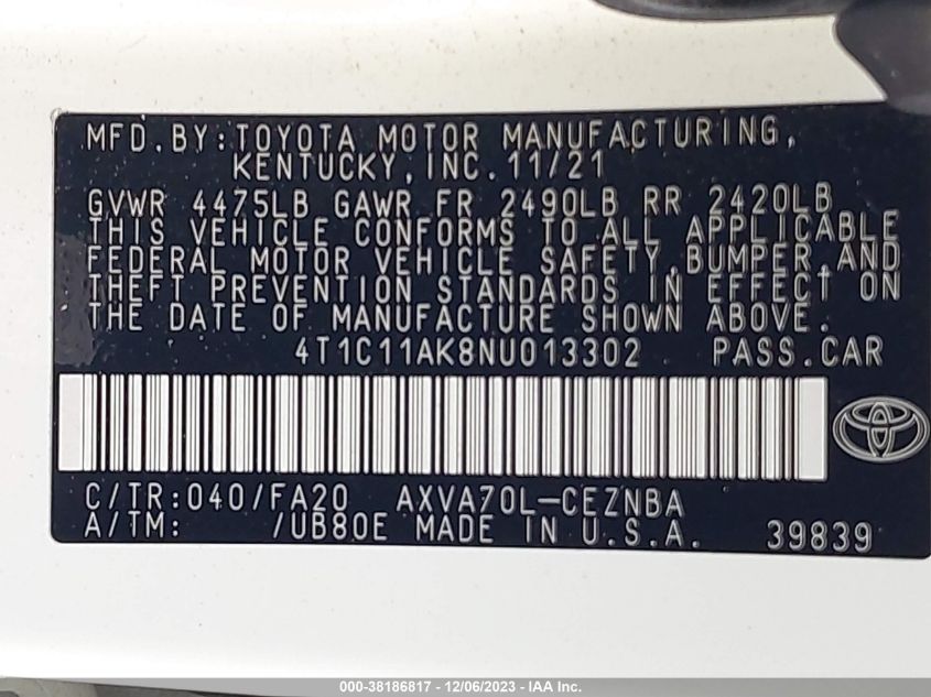 2022 TOYOTA CAMRY LE - 4T1C11AK8NU013302
