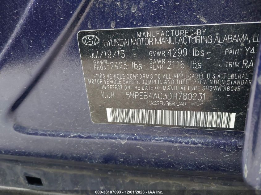 2013 HYUNDAI SONATA GLS - 5NPEB4AC3DH780231