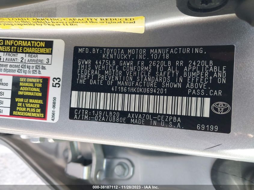 2019 TOYOTA CAMRY XSE - 4T1B61HK0KU694201