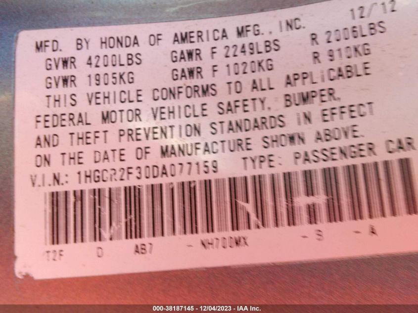 2013 HONDA ACCORD LX - 1HGCR2F30DA077159