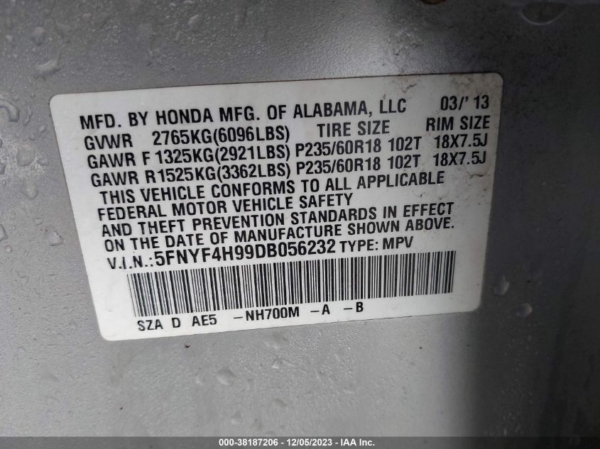 2013 HONDA PILOT TOURING - 5FNYF4H99DB056232