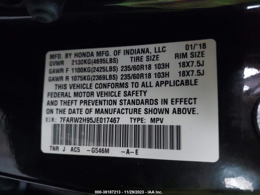 VIN 7FARW2H95JE017467 2018 HONDA CR-V TOURING
