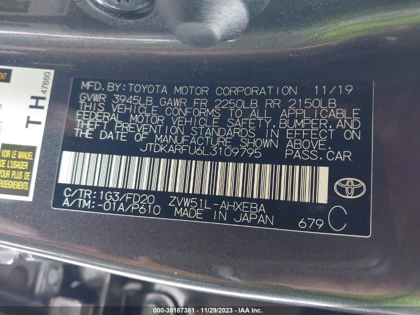 2020 TOYOTA PRIUS L/LE/XLE/LIMITED - JTDKARFU6L3109795