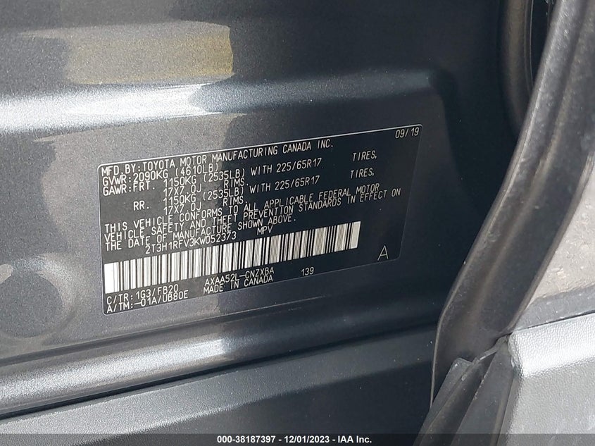 VIN 2T3H1RFV3KW052373 2019 TOYOTA RAV4 LE