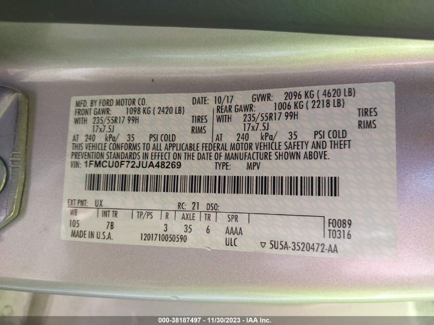 2018 FORD ESCAPE S - 1FMCU0F72JUA48269