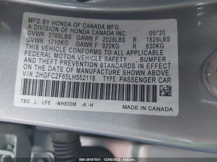 2020 HONDA CIVIC LX - 2HGFC2F65LH552118