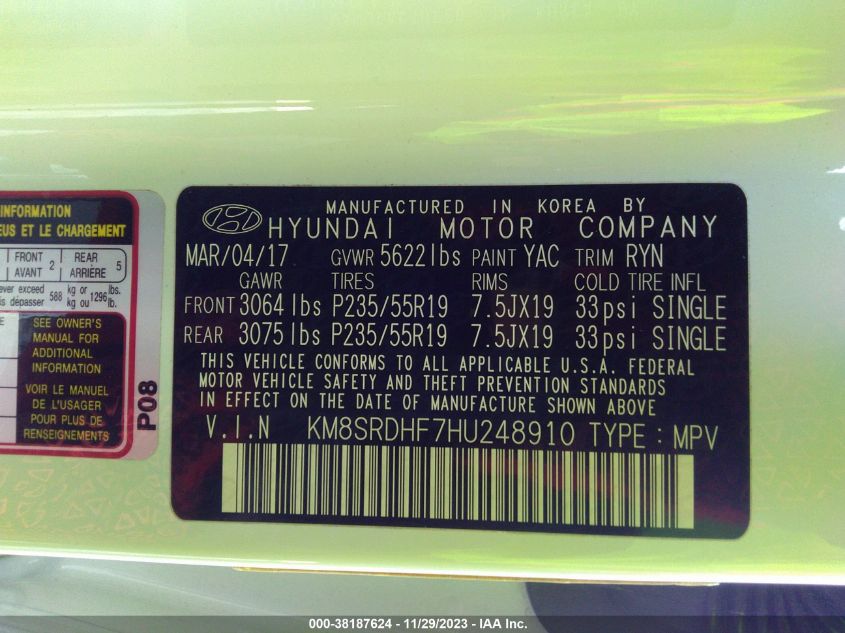 2017 HYUNDAI SANTA FE SE/LIMITED - KM8SRDHF7HU248910