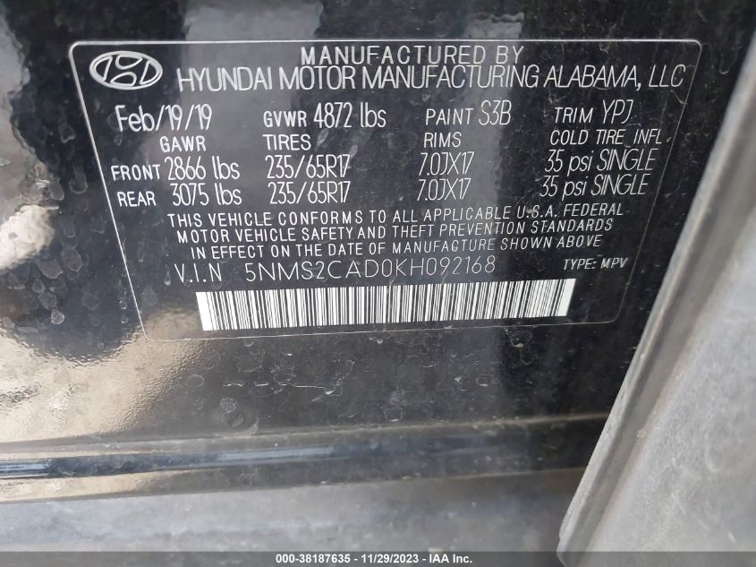 2019 HYUNDAI SANTA FE SE - 5NMS2CAD0KH092168
