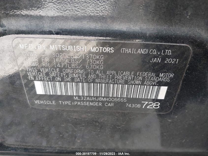 2021 MITSUBISHI MIRAGE ES/LE/CARBONITE EDITION - ML32AUHJ8MH006665