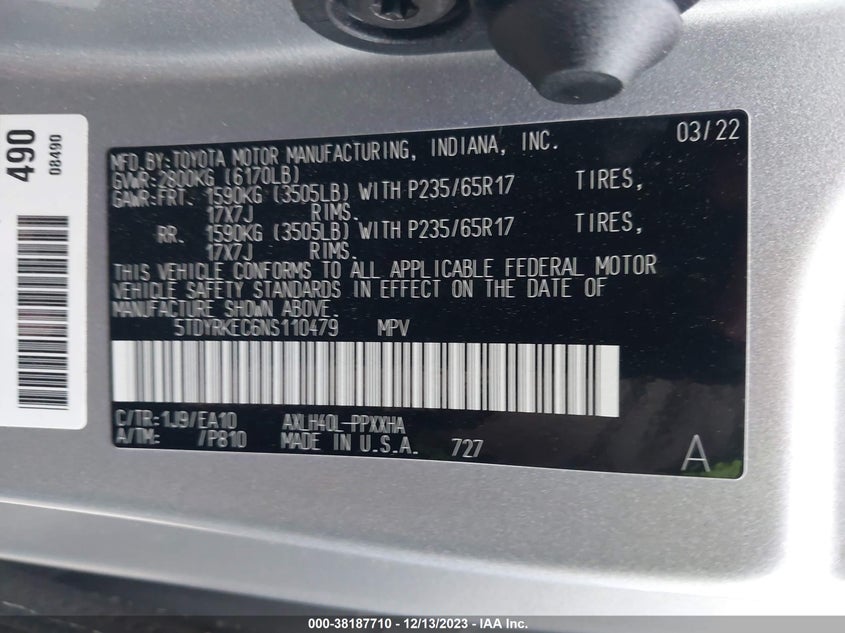VIN 5TDYRKEC6NS110479 2022 TOYOTA SIENNA XLE