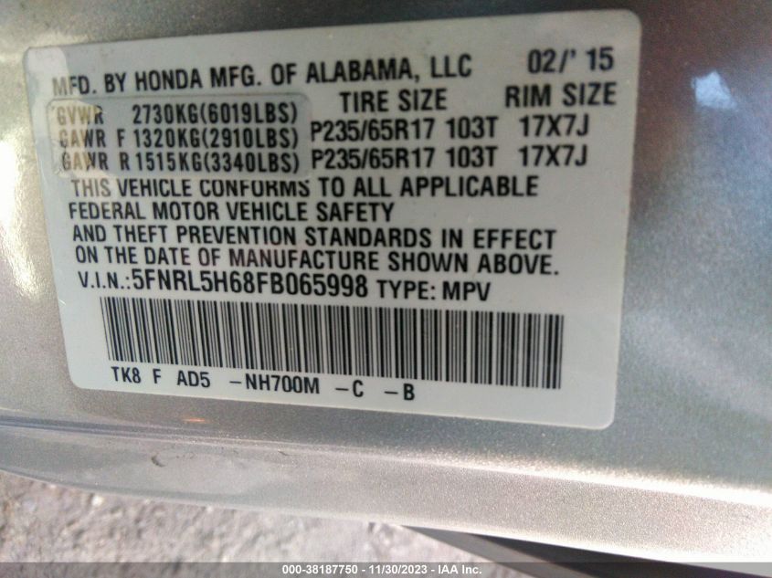 VIN 5FNRL5H68FB065998 2015 HONDA ODYSSEY no.9