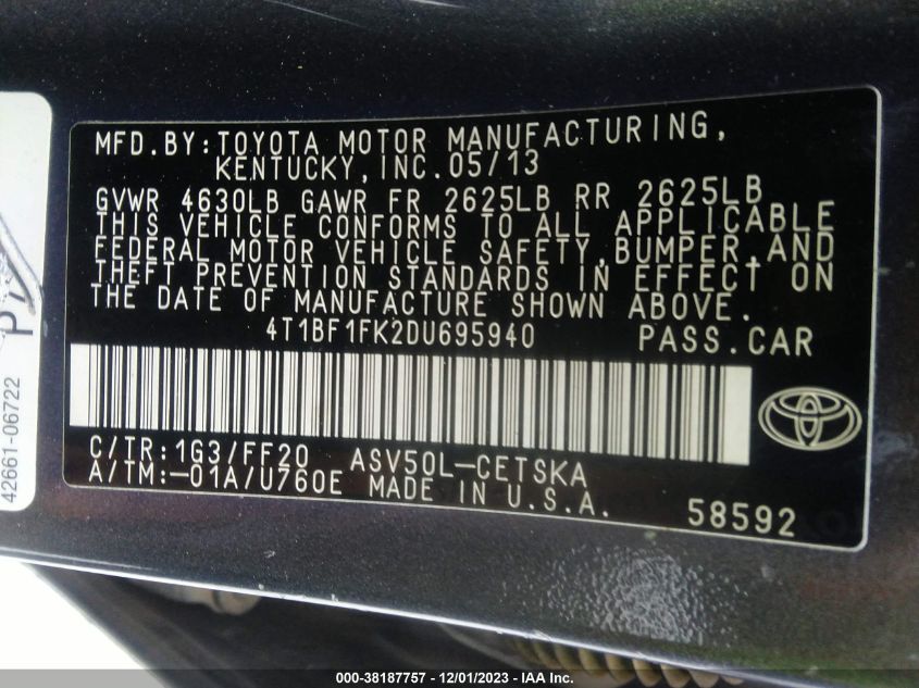 2013 TOYOTA CAMRY L/SE/LE/XLE - 4T1BF1FK2DU695940