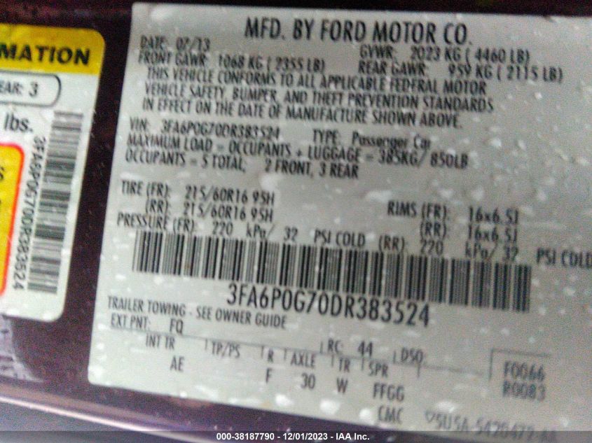 2013 FORD FUSION S - 3FA6P0G70DR383524