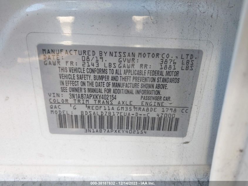2019 NISSAN SENTRA S/SV/SR/SL - 3N1AB7APXKY402154